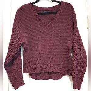 Women's American Eagle Long Sleeve Crops V-neck Sweater Burgundy Size Small